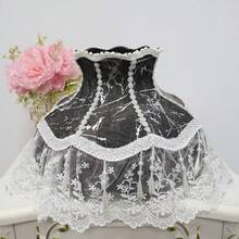 Abajur estilo Lolita, estampa de mármore preto e prata/sakura azul marinho, cúpula artesanal com franjas de pérolas e renda branca, ideal para criar um ambiente aconchegante no quarto. Somente a cúpula (corpo da lâmpada não incluso). - Abajur estilo Lolita - Ver 6