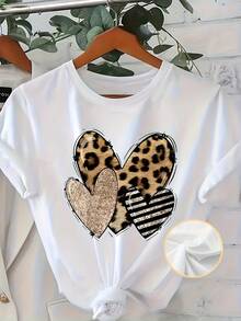 [Glitter Heart Top] Women's Casual Short Sleeve-Shirt - Leopard Print & Glitter Heart Design Soft Relaxed Fit Round Neck Plus Size All-Season Top Washable Seasonal Versatility Playful Design Comfortable Graphic Tee Shirts Western Graphic Tees Men Clothes Camisas Para Hombre Graphic Tees Women Clothes Summer Tops Summer Clothes - 白色 - 查看 3