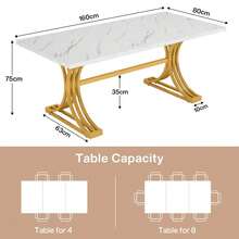 Tribesigns Table à manger moderne 160 x 80 cm pour 4 à 6 personnes, table de cuisine avec plateau imitation marbre, structure métallique robuste, blanc et or - Doré - Voir 2