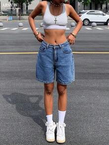 Women's Solid Color Casual Bermuda Denim Shorts, Summer - 深色洗 - 查看 3
