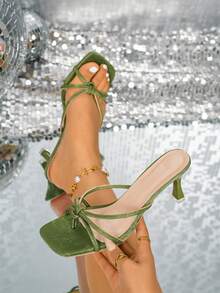 Giày sandal cao gót nữ, kiểu dáng mùa hè mới màu xanh matcha, quai xoắn, mũi vuông, sandal cao gót hở mũi thanh lịch tối giản. - Màu xanh Ô liu - Xem 6