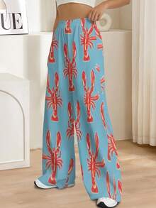 Summer Lobster Print Wide Leg Pants Red Lobster Pattern Boho Pants For Beach Vacation Ladies - Multicolor - View 2