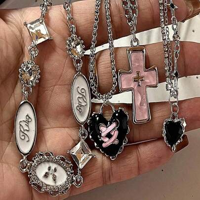 4 chiếc dây chuyền mặt dây chuyền phong cách Gothic Punk dành cho nữ, dây chuyền hình trái tim và thánh giá cá nhân hóa, dây chuyền phong cách Y2K Ballet Core Rock tối màu dành cho nữ.