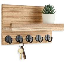 Organizador de llaves montado en la pared con estante, soporte decorativo para llaves y correo, incluye ganchos grandes para bolsas, abrigos, paraguas, hecho de madera de paulonia, incluye accesorios de instalación - Ver 7