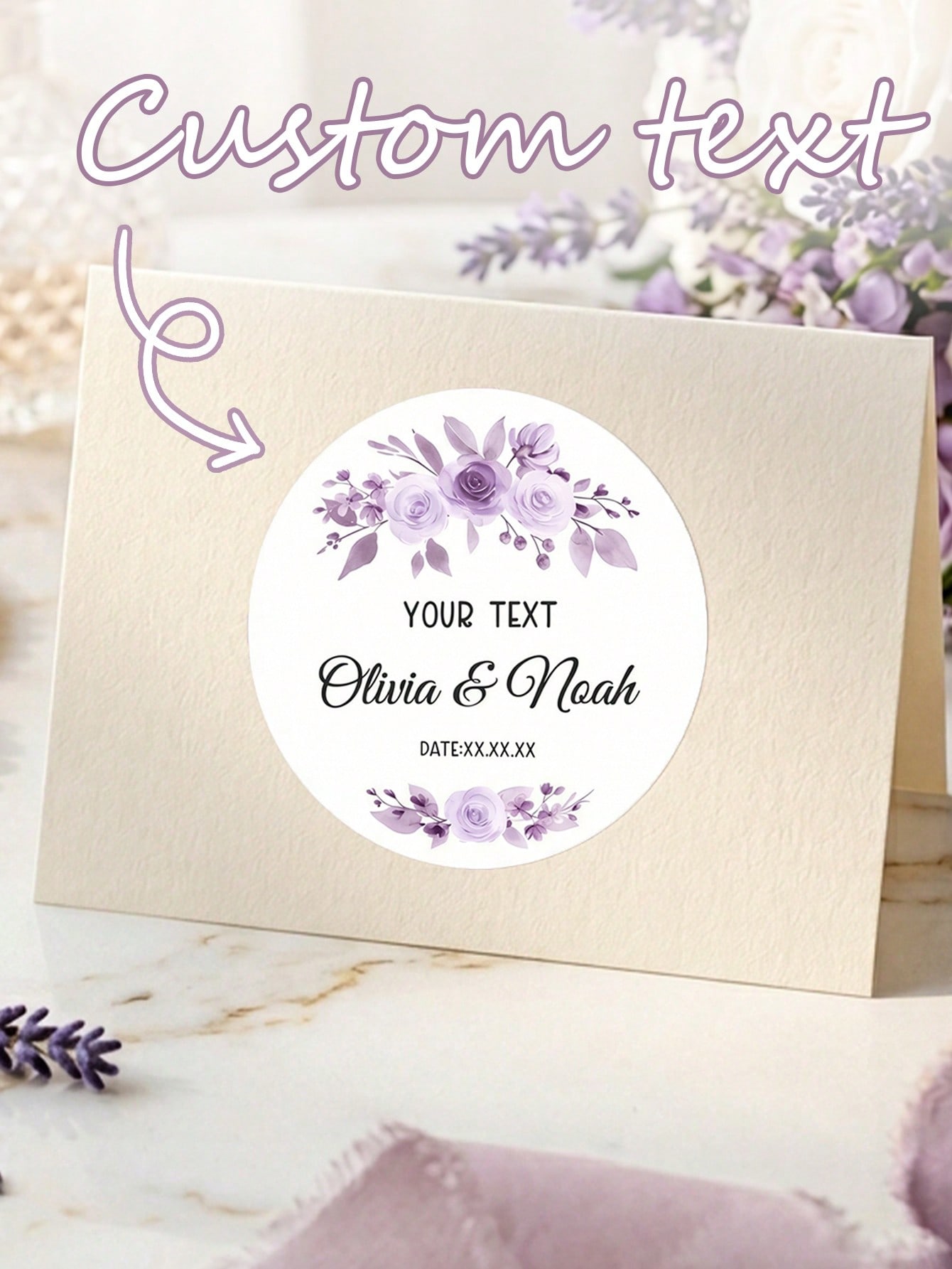 Wedding congratulations card with purple flower, c...
