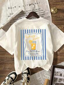 [Camiseta de Algodón] Camiseta de Manga Corta con Cuello Redondo y Estampado de Ballena y Frases de Limón para Niñas - Primavera, Verano y Otoño - Ideal para Estudiantes y Niños Pequeños - P - Albaricoque - Ver 2