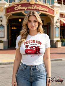 Disney Licensed Style | Lightning McQueen Piston Cup Champion Print Slim Fit Women's Short Sleeve T-Shirt - Speed Passion & American Retro Vibe, Soft Breathable Fabric, Crew Neck, Ideal For Racing Themed & Daily Casual Wear - trắng - Xem 1