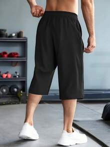 男士夏季抽绳腰带拉链口袋休闲运动跑步七分短裤 黑色 - 黑色 - 查看 3