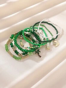 8pcs Bohemian Summer Vacation Style Elegant Fashion Versatile Handmade Beaded Crystal Star, Moon, Olive Tree Pendant Elastic Stacking Bracelet Set, Suitable For Women Party, Beach, Large Gathering, Perfect Gift For Friends And Family, Suitable For All Seasons, Outing, Photo Shooting, Leisure, Commuting, Daily Wear - Multicolor - View 5