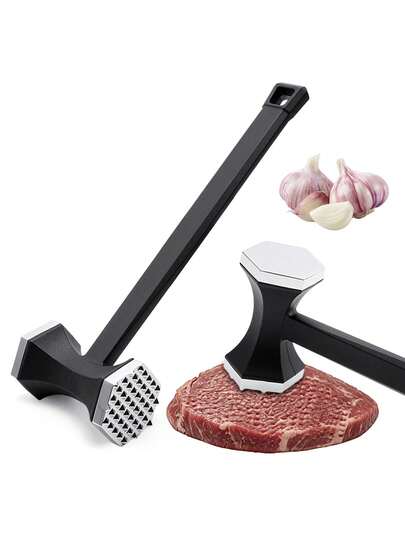 1 cái búa làm mềm thịt hình lục giác bằng hợp kim nhôm, cán màu đen, đầu đập lục giác hai mặt, làm mềm gân nhanh chóng, thích hợp cho bít tết, sườn heo, ức gà, dụng cụ làm mềm thịt trong nhà bếp, tay cầm chống trượt thoải mái, chắc chắn và dễ vệ sinh.