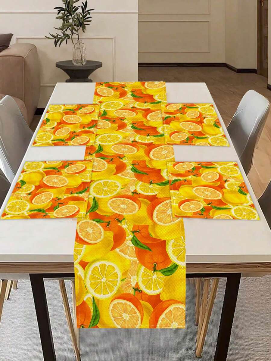 1pc Fresh Orange & Lemon Print Linen Table Runner, Suitable For Holidays, Parties, Birthdays, Dinners, Kitchen & Dining Room Decor, Dresser/Cabinet Cover, All Season Home Textile Decoration - Multicolor - View 1