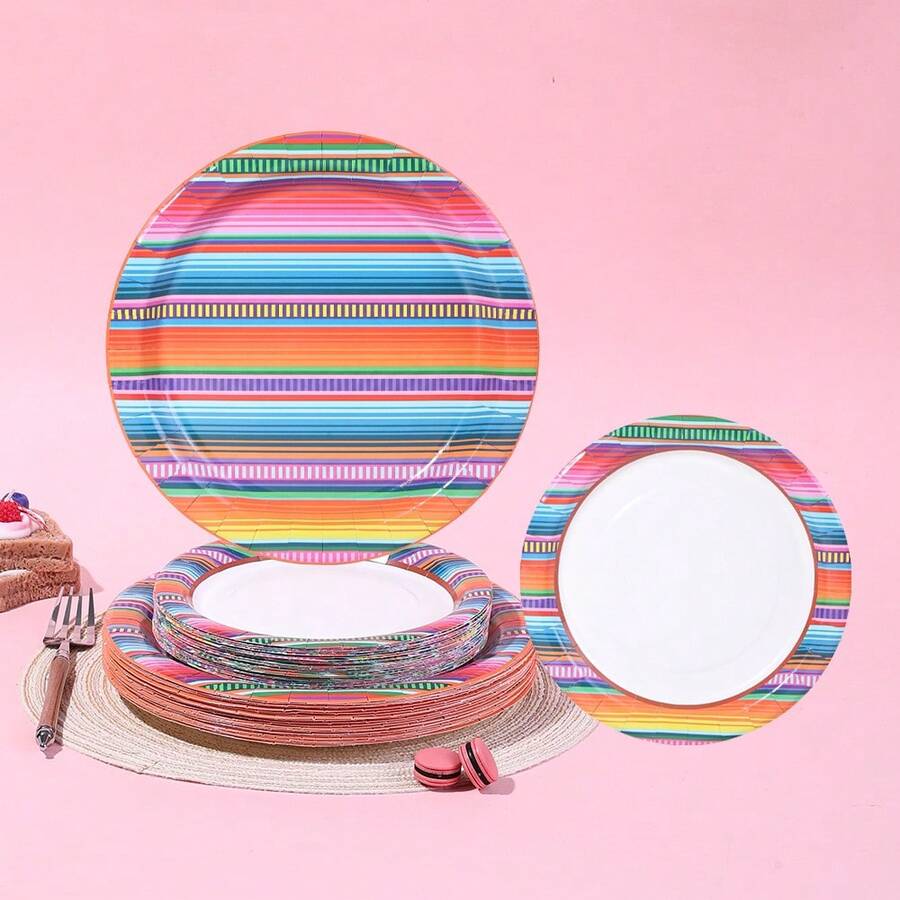 10/20/40 Pcs,Mexican Style Disposable Paper Plates Set, Cinco De Mayo Party Tableware Supplies,Color Striped Mexican Dessert Plates,7 Inch & 9 Inch Thickened Party Plates Themed Parties And Holiday Festival Table Decorations - Multicolor - View 1