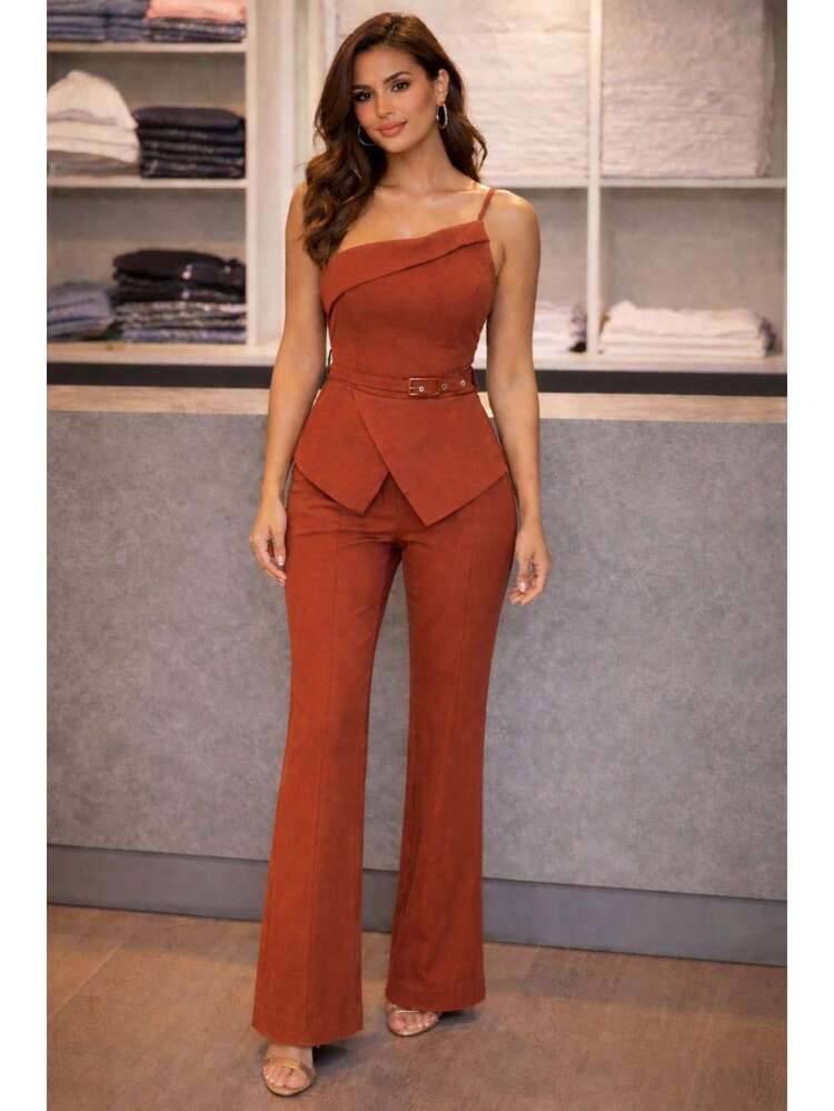 Elegant Tailored Suit, Double-Breasted Fabric, With Belt, For Evening, Wedding, Or Office. - Burnt Orange - View 1