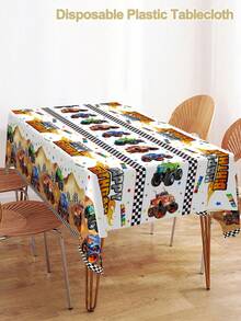 1pc Cartoon Off-Road Vehicle Tablecloth, 183x137cm Desert Truck Happy Birthday Design Disposable PE Table Cover, Suitable For Boys Racing Car Theme First Birthday Party Table Decorations - Multicolor - View 4