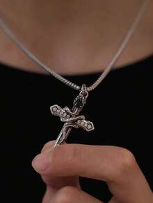 1pc Vintage Dark Edgy Snake Wrapped Cross Zirconia Inlaid Faux Diamond Distressed Copper Material Necklace, Retro Silver Color, Suitable For Daily Wear, Street, Hip-Hop Party, Gift - Antique Silver - View 2