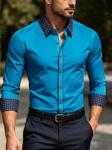 男士修身休闲优雅衬衫，几何菱形图案设计 - 淺色水洗藍 - 查看 1