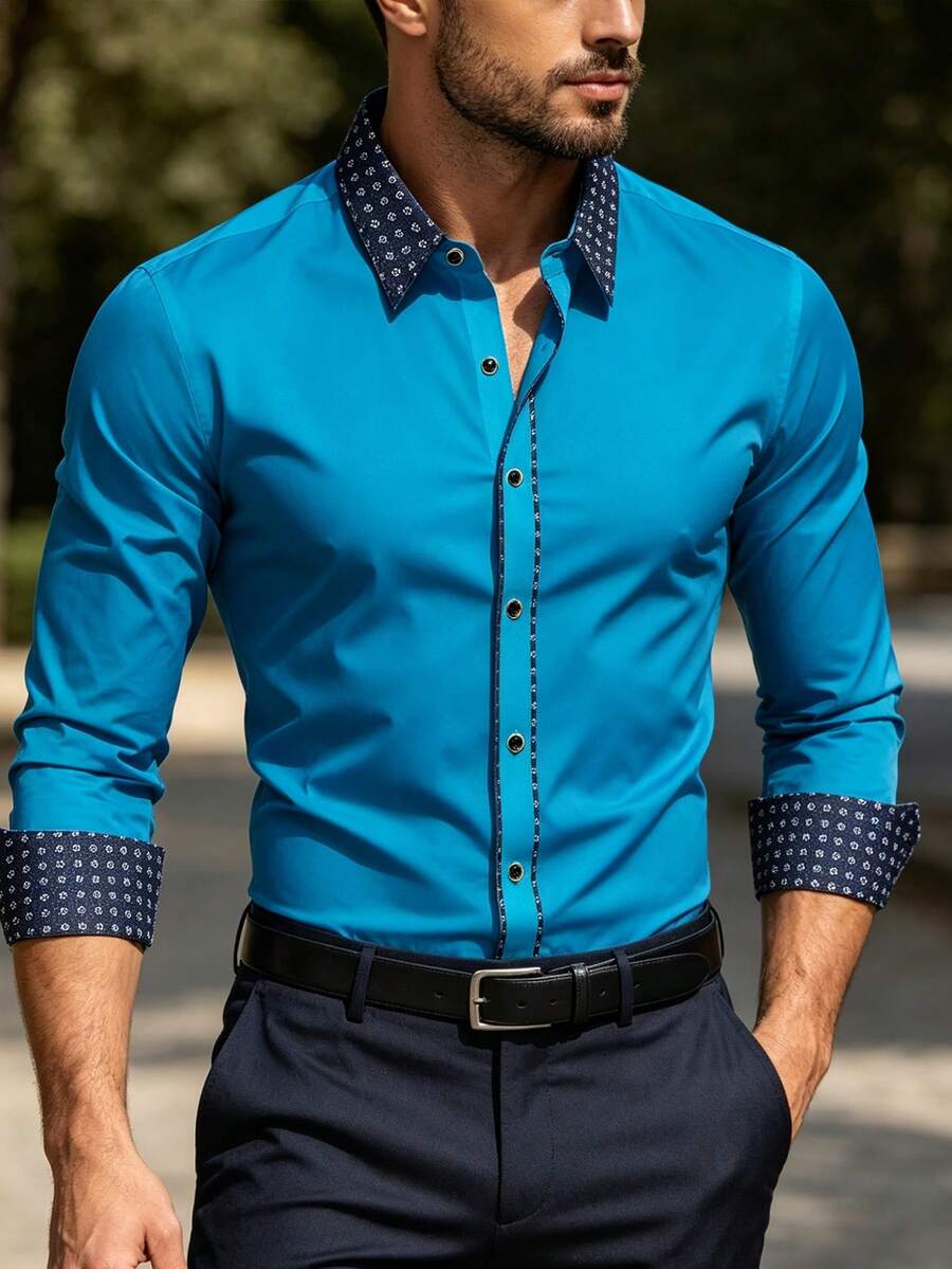 男士修身休闲优雅衬衫，几何菱形图案设计 - 淺色水洗藍 - 查看 1