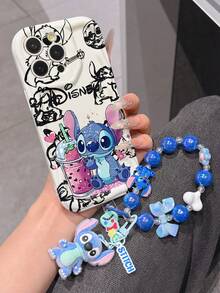 Disney Lilo & Stitch Phone Case With Stitch Beaded Wrist Strap & Plush Keychain, Cute Stitch With Bubble Tea Cartoon Print With Black Graffiti Background, Shockproof Silicone Wave Edge Case With 3D Stitch Charm & Hand Strap, Disney Stitch Phone Cover For IPhone 17, 16, 15, 14, 13, 12, And 11 Pro Models. Made Of Durable TPU With Shockproof Protection. A Fun Gift For Family, Friends, Birthdays, Holidays, And Special Occasions. - trắng - Xem 4
