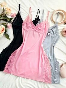 3pcs Of Women's Solid Lace Nightdress, Lace Panels, Skirt Side Slits, Sexy Lace Home Nightdress - 混合2 - 查看 5