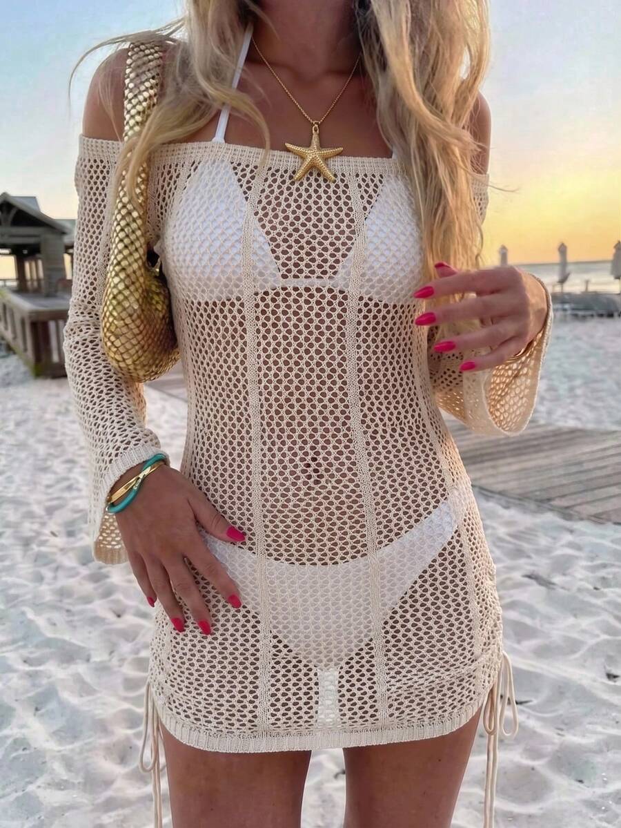 Women's Elegant Loose Off Shoulder White Crochet Textured Fabric Long Sleeve Cover-Up, Crochet Textured Fabric, Off Shoulder Design, Elegant Relaxed Fashion Resort Style, Suitable For Summer Beach Vacation, Seaside Outing And Photo Shoot, Summer - Apricot - View 1