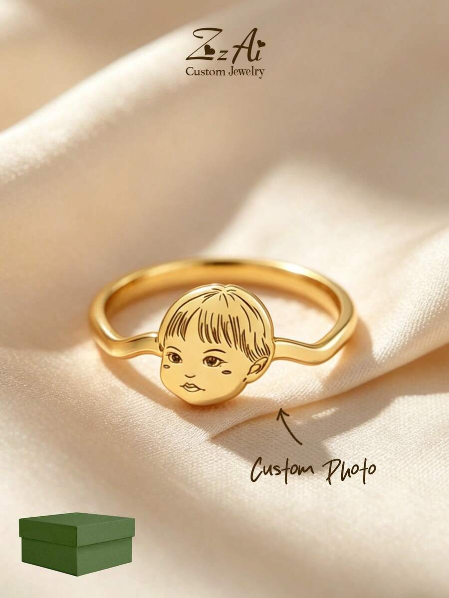 Personalisierter Schmuckring - Personalisierter Kinderporträtring - 18K Gold Edelstahl personalisierter Ring, persönliches Andenken, das beste Geschenk zum Muttertag, Geburtstag, tägliche Geschenke - Verschiedenfarbig - Übersicht 1