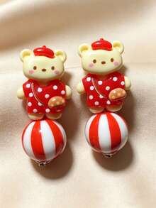 1 par de pendientes de oso de resina 3D con pompones lindos y resistentes al desvanecimiento, adecuados para que las mujeres los usen en citas, vacaciones y fiestas - Multicolor - Ver 3