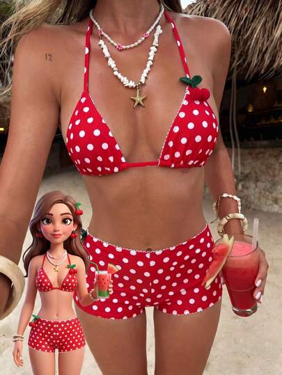优雅性感休闲红色樱桃汽水比基尼套装，包含针织樱桃吊坠，适合黄肤色两件式泳衣。舒适高弹面料，优雅沙滩泳装，是夏季、海滩、度假、假日、派对、海边活动的理想之选，也是时尚海滩或泳池日的完美选择。