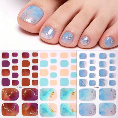 Beauty Sticker 66Pcs Beach Gradient Toe Nail Strips,Spring/Summer Fresh Glitter Toe Nail Stickers,Easy To Apply,Suitable For Ladies' Home DIY Manicures