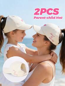 2 Stücke Eltern-Kind Herz bestickte Baseballkappen mit Pferdeschwanz, verstellbare Sonnenschutz Sonnenhüte für Mama & Kind, Sommer Strand Outdoor Matching Hutset - 2Stk - Übersicht 7