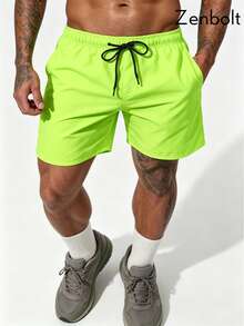 ZULIZ Zenbolt Men's Elastic Waist Drawstring Beach Shorts With Pockets, Casual Summer Holiday Daily Wear - Fluorescent Green - View 2