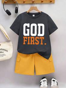 2pcs/Set Slogan Graphic Tee And Khaki Shorts Set For Teenage Boys, Soft & Comfortable Fabric, Suitable For Back To School And Daily Wear In Summer - Dark Grey - View 2