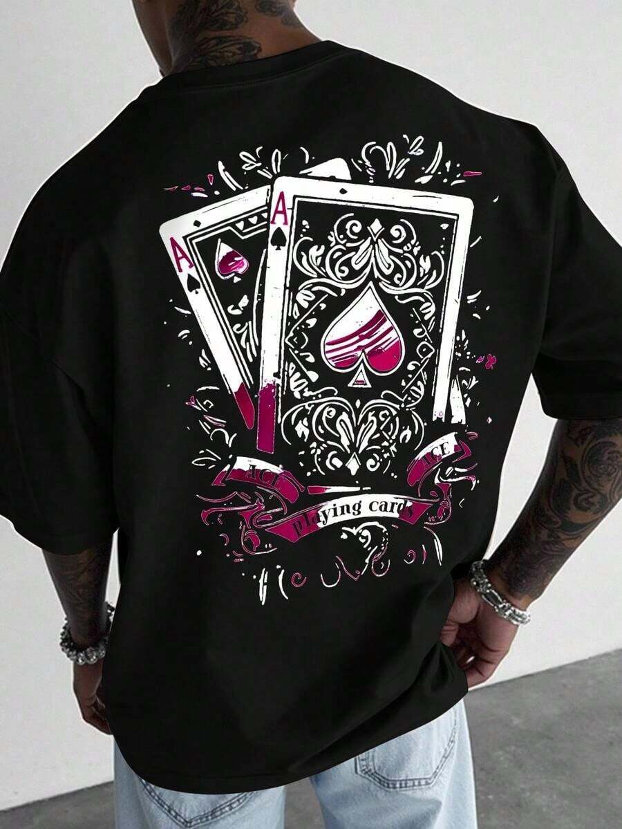 Fenqiro T-shirt casual a maniche corte da uomo con stampa di carte, estiva - nero - Visualizzare 1