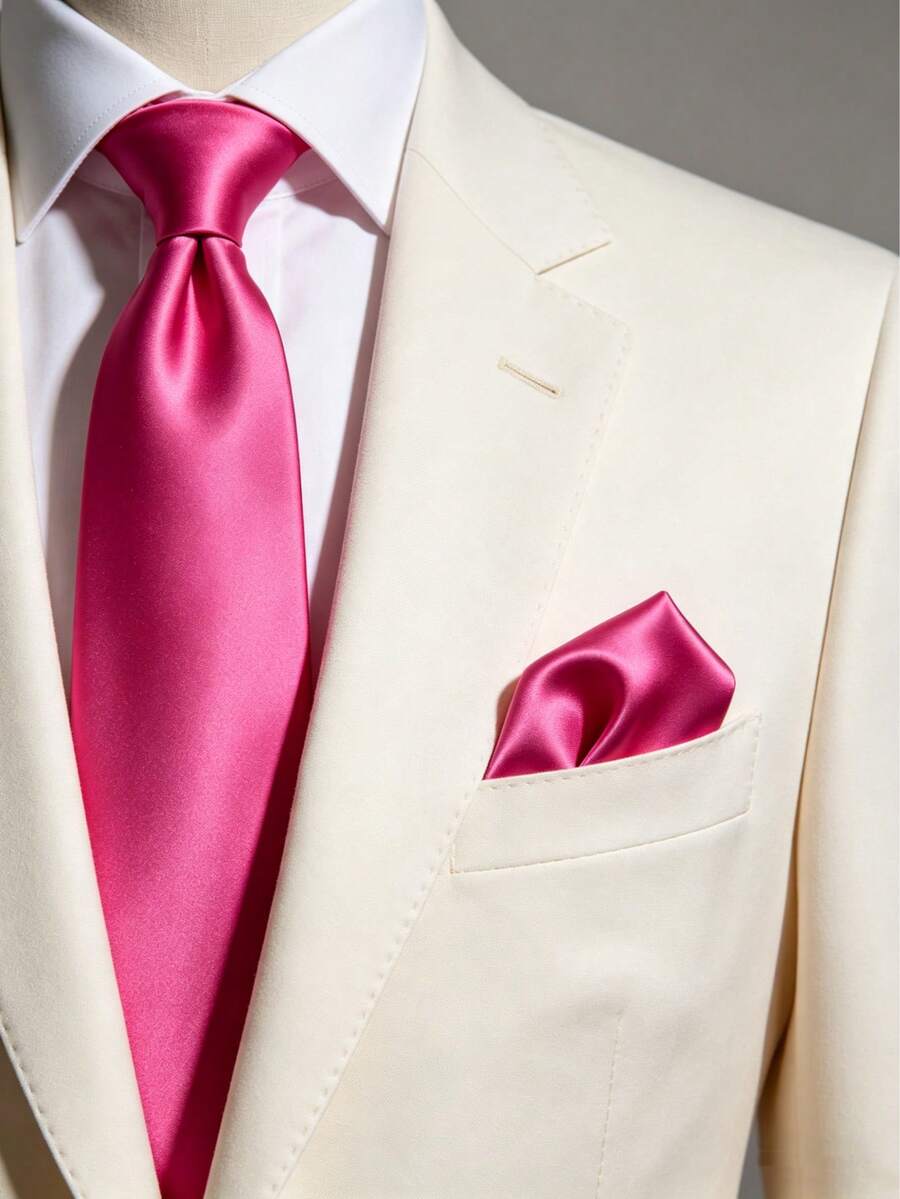 1 Set Men's Solid Color 8cm Necktie & Pocket Square Set, Satin Tie & Handkerchief Business Suit Accessories,Accessories,Graduation Gift - Rose Red - View 1