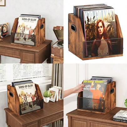 Linlin Stationery Store Vinyl Record Storage Record Box Case Crate Vinyl Record Album Holder Desktop Metal And Wooden LP Record Crate Holds Up To 60 Records Patent No.D1024563