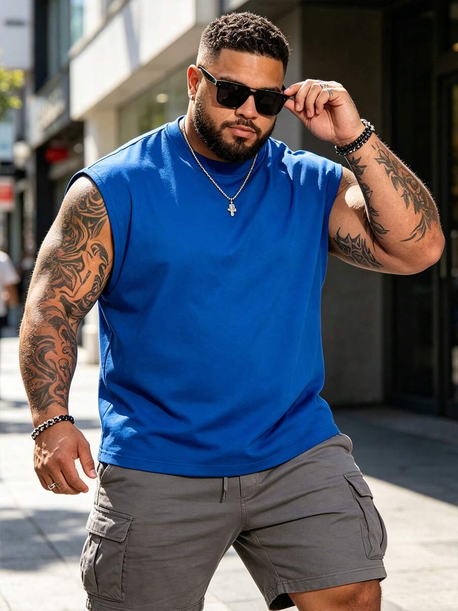 Plus Size Men's Tank Top, Men's Fashion Loose Short Sleeve T-Shirt | Exquisite Design | Summer Essential | Easy To Match | Showcase Your Style Sports - Blue - View 1