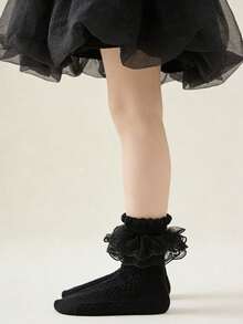 6 pares de calcetines con encaje esponjoso para niñas, lindos calcetines de princesa para baile - Blanco y Negro - Ver 6