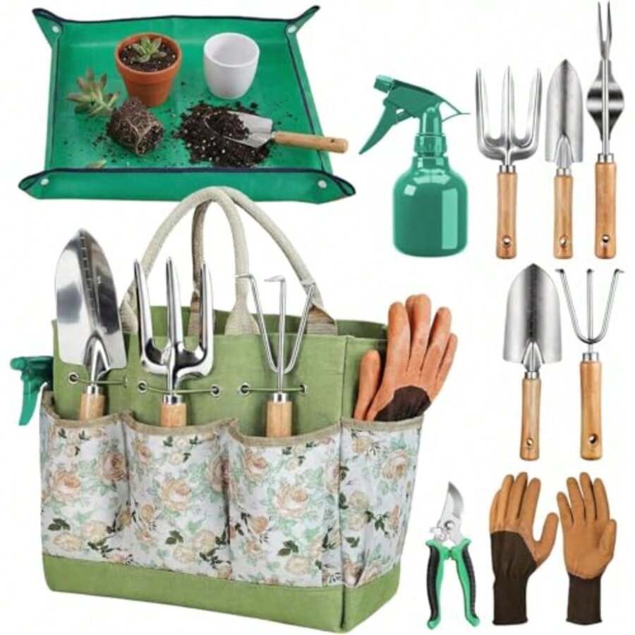 Gardening Tools 10-Piece Heavy Duty Gardening Hand Tools With Fashion And Durable Garden Tools Organizer HandbagRust-Proof Garden Tool Set Ideal Gardening Gifts For Women - A - View 1