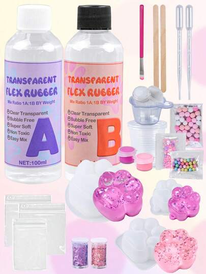 Taba软泥DIY慢回弹制作套装，200ml 1:1 AB软泥胶水水性硅橡胶，3个猫爪硅胶模具，适用于DIY工艺品和珠宝制作，适合初学者，Taba软泥制作套装，减压挤压DIY工具，课堂奖励，派对礼物