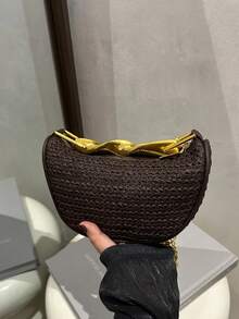 法式复古扭绳手柄草编新月包，2025夏季新款编织腋下包，小众设计单肩斜挎包 - 黑色 - 查看 5