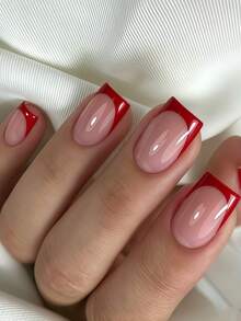 Elevate Your Nail Look With These 24 Piece Short Square Shape Press On Nails Vintage Elegant Nude Pink Base With Burgundy French Design Press On Nails For Daily Fashion In Pink Base With Red Nails Full Coverage Fake Nail Tips For Women And Girls Includes 1sheet Adhesive Tabs & 1pc Mini Fils Strip Jelly Gel Random Shipment - Red - View 1