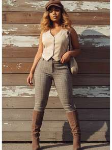 Butt Lift High Waist Plaid Skinny Pants Brown - Multicolor - View 2