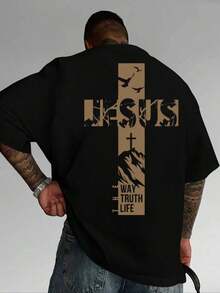 2026.Tops.Christian Style Jesus Cross Short Sleeve T-Shirt Faith Theme Loose Top Men's Clothing - Black - View 6