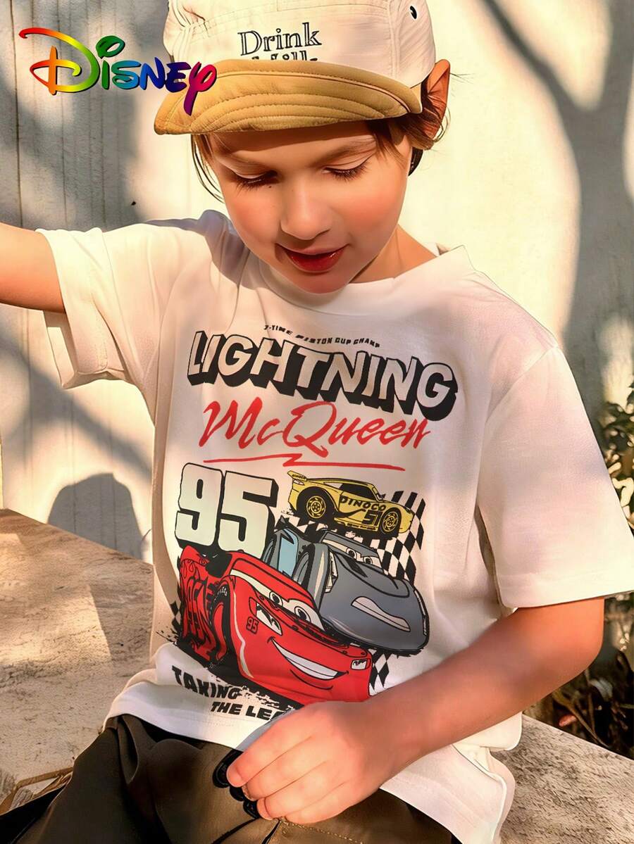 Disney Authorization - Youth Boys' Clothing Summer Round Neck Short Sleeves - Cars Main Character - Printed Pattern Design Round Neck T-Shirt, Pattern T-Shirt Pullover, Boys' Clothing, 180g Polyester Soft Fabric, Suitable For Boys' Back To School, Party, Outdoor, Travel Wear - 白色 - 查看 1