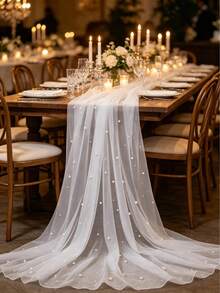 1 peça Caminho de mesa em malha perolada branca, ideal para festa de aniversário, como toalha de mesa, decoração de aniversário, artigos para festa de aniversário, presente de aniversário, lembrancinhas, decoração de casamento, decoração para meninas, chá de bebê, festa de revelação de gênero, chá de panela, decoração de casa, decoração de quarto, capa de mesa para cozinha, tecido para arco de casamento faça você mesmo, toalha de mesa para casamento - Pérola branca - Ver 5