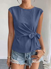 Women Summer Tops Cap Sleeve Crew Neck Tie Waist Shirt Spring Casual Business Work Blouses Clothes - Grayish blue - View 3