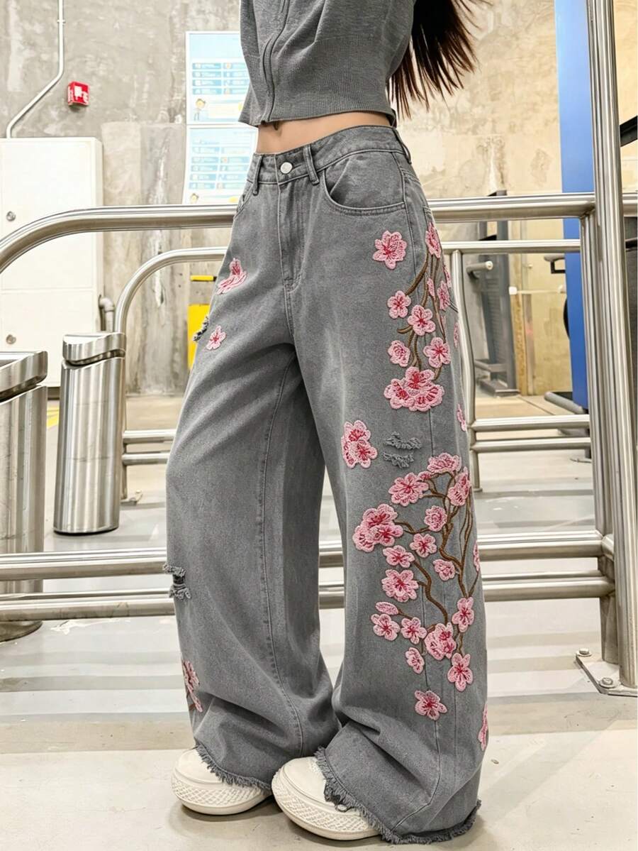 1件女款美式街頭風做舊刺繡寬腿鬆身長褲，舒適四季牛仔長褲（本產品不含腰帶/配件） - 灰色 - 查看 1