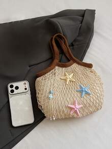 Bolso de malla de estilo festivo a la moda, con adornos de cuentas de concha en beige con ribete marrón; un bolso de mano para damas, perfecto para vacaciones en la playa y ocasiones similares - Marrón - Ver 7