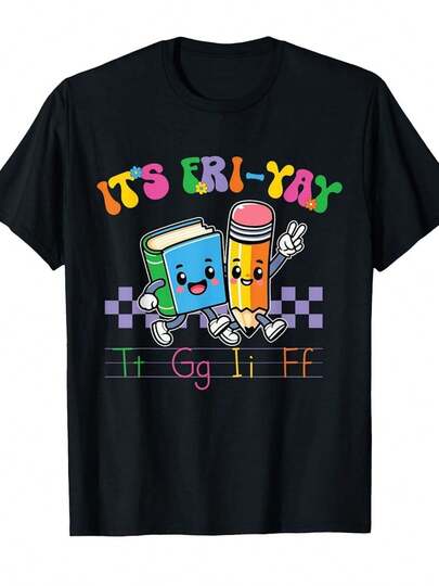 Divertente t-shirt vintage con la scritta "TGIF Teachers and Friday Teachers", decorata con allegri libri e matite, caratterizzata da un vivace design a tema venerdì. Regalo unisex per insegnanti, perfetto per la scuola, il tempo libero e le uscite eleganti, top estivo taglie forti.