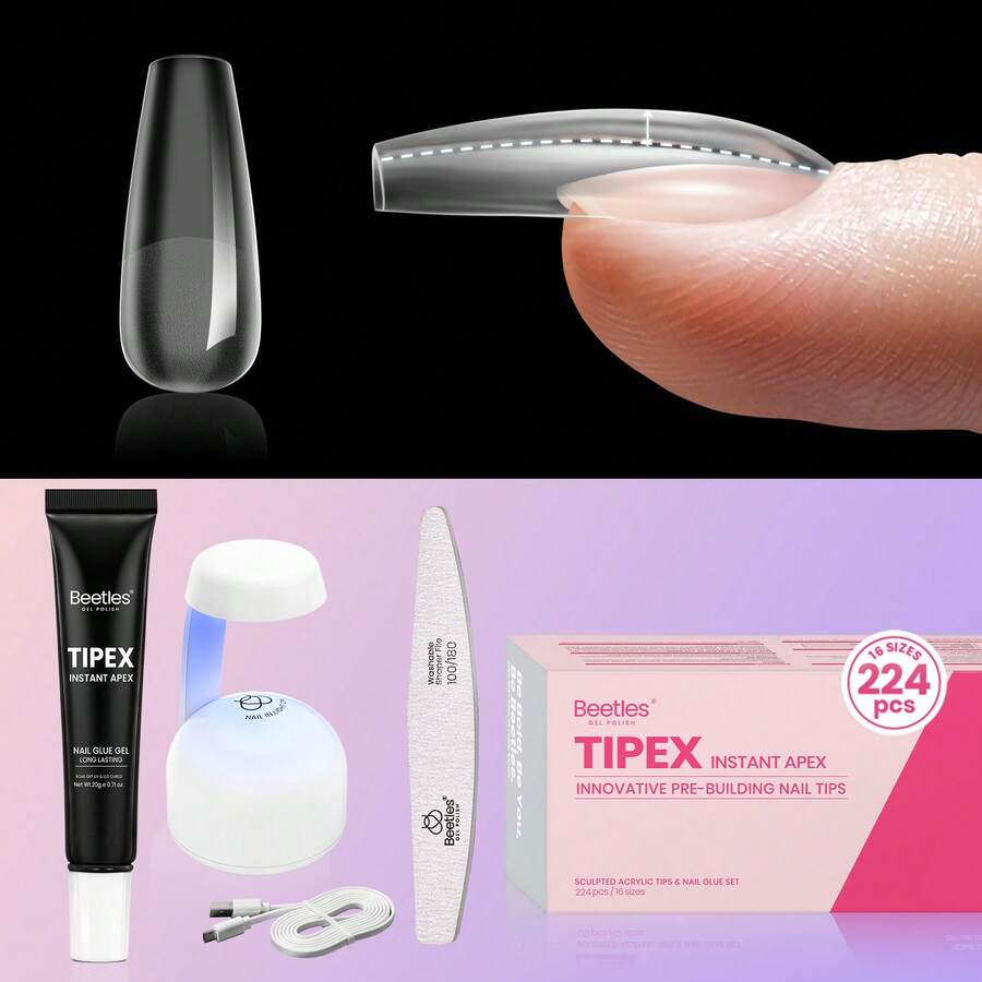 Beetles 224Pcs 16Sizes Tipex Gel Nail Kit, Medium Coffin C Curved Apex Nail Tips, Pre-Building Acrylic Nails With Tipex Nail Glue, Mini Nail Lamp & Nail File For DIY & Salon Use - 224Pcs 16Sizes Medium Coffin - 查看 1