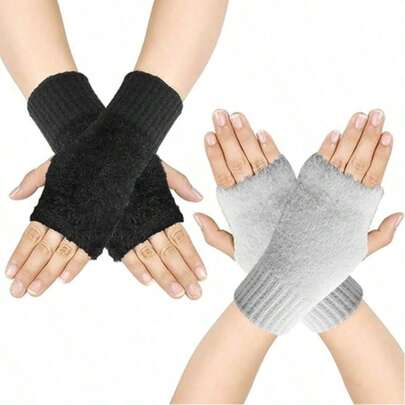 1 par de guantes sin dedos de unicolor con forro térmico, calentadores de muñeca de punto para otoño/invierno, adecuados para oficina, estudiantes, escritura
